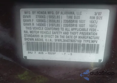 2007 Honda Odyssey Ex from USA, damaged, VIN 5FNRL38407B057169